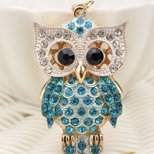 Rhinestone Gold and Blue Owl Keychain Handbag Purse Bag Charm